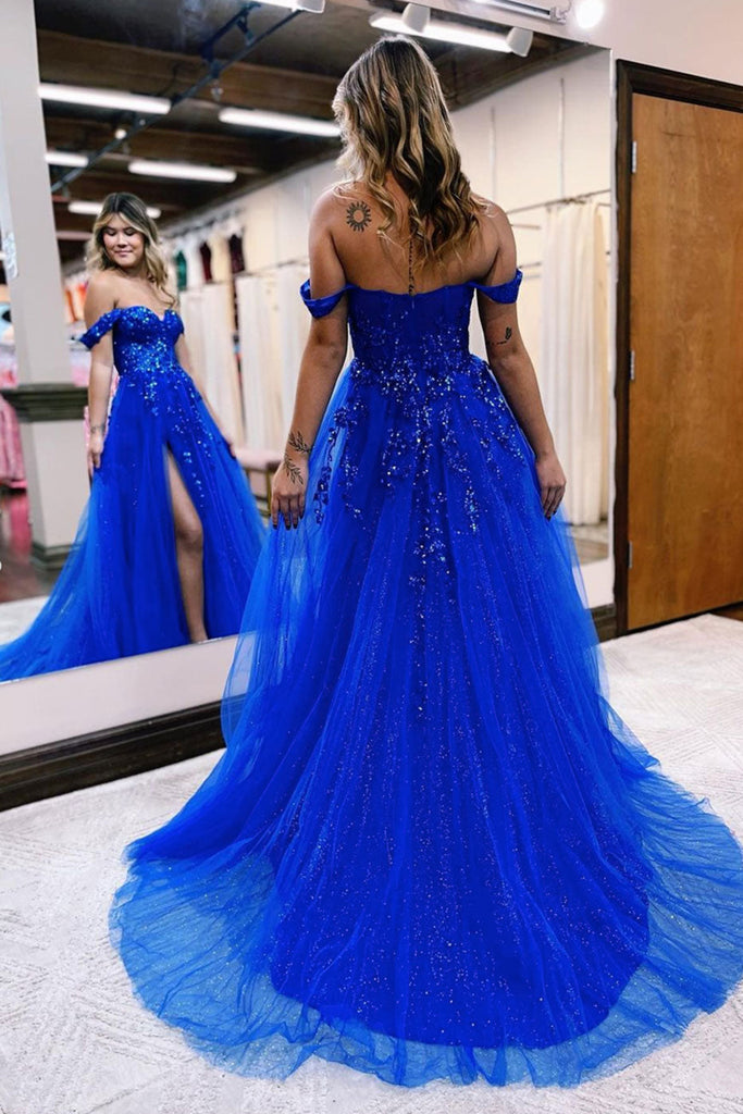 Blue Lace Off Shoulder Long Prom Dresses with High Slit, Off the Shoul
