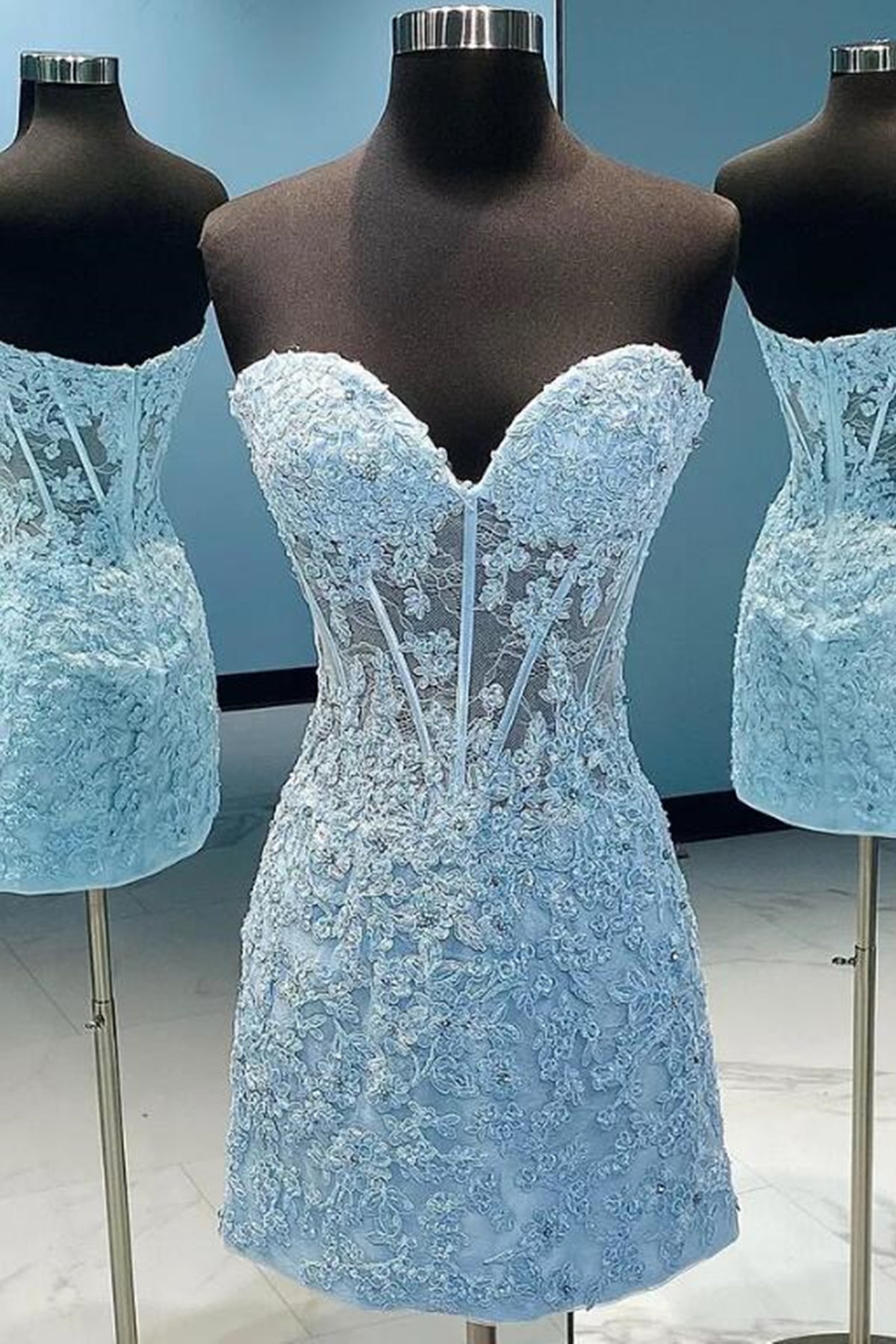 Blue Lace Strapless Sweetheart Neck Mermaid Short Prom Dresses, Blue Lace Homecoming Dresses, Blue Formal Evening Dresses WT1092