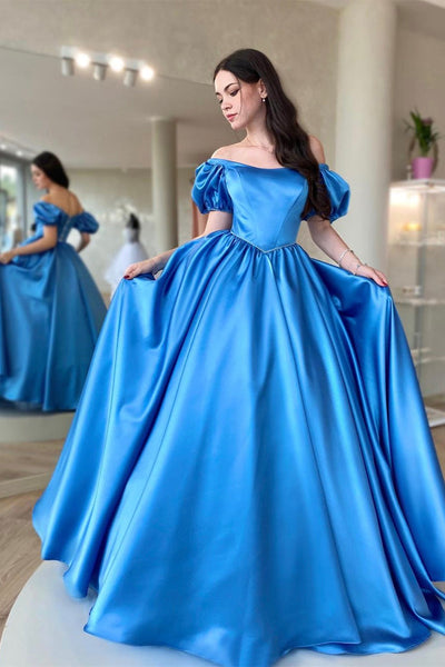 Blue Satin Off the Shoulder Long Prom Dresses, Off Shoulder Blue Formal Dresses, Blue Evening Dresses WT1127