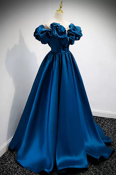Blue Satin Off the Shoulder Long Prom Dresses, Off Shoulder Blue Formal Graduation Evening Dresses WT1216