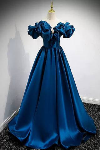Blue Satin Off the Shoulder Long Prom Dresses, Off Shoulder Blue Formal Graduation Evening Dresses WT1216
