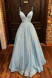 Blue Sequins V Neck Long Prom Dresses, V Neck Blue Formal Graduation Evening Dresses