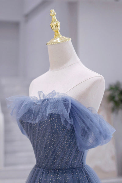 Blue Tulle A Line Off Shoulder Long Prom Dresses, Off the Shoulder Blue Formal Graduation Evening Dresses WT1227
