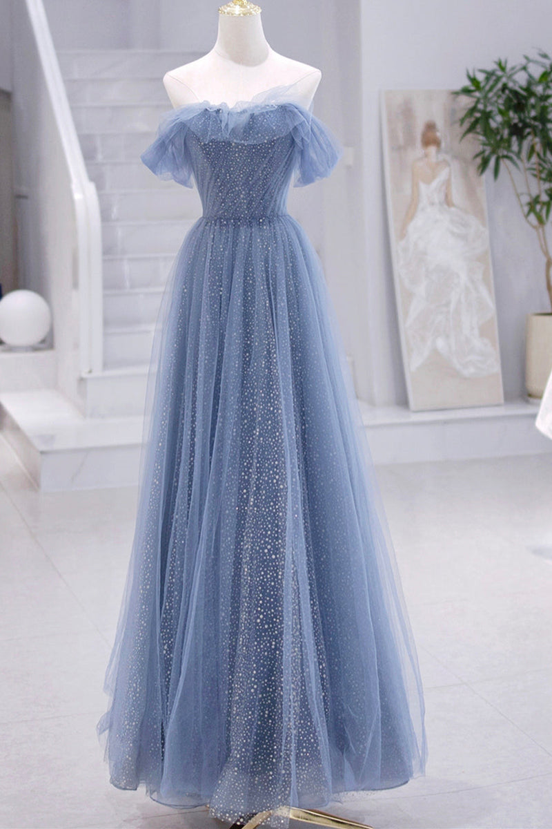 Gorgeous Dusty Blue Off-The-Shoulder Long Prom Dress Tulle With V-Neck