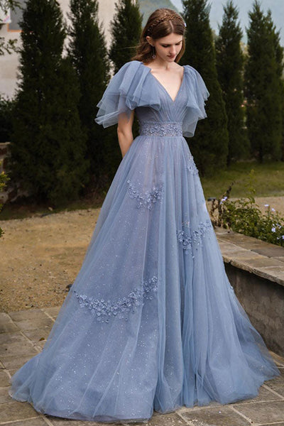 Blue Tulle Cap Sleeves V Neck Lace Long Prom Dresses, V Neck Blue Formal Dresses, Blue Evening Dresses with Appliques WT1056