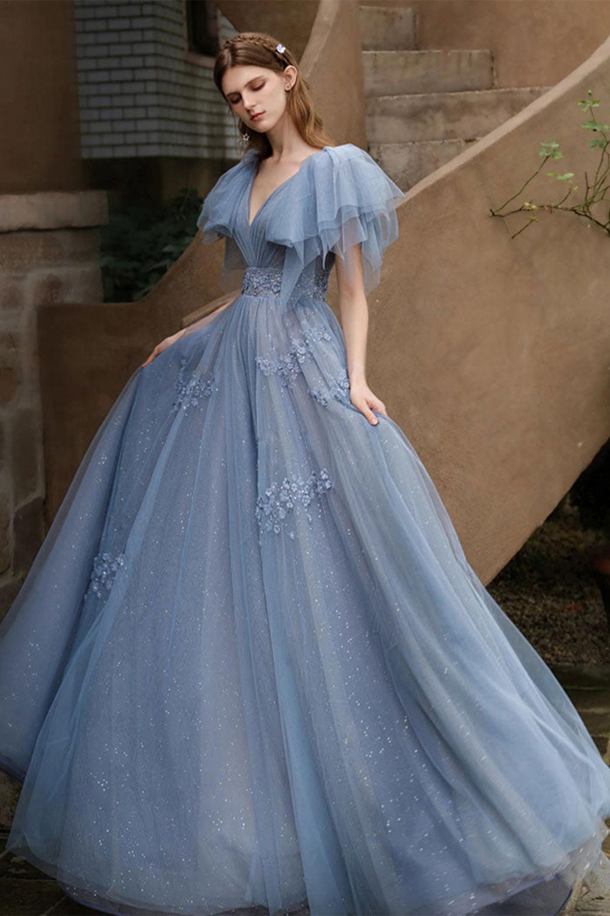 Blue Tulle Cap Sleeves V Neck Lace Long Prom Dresses, V Neck Blue Formal Dresses, Blue Evening Dresses with Appliques WT1056