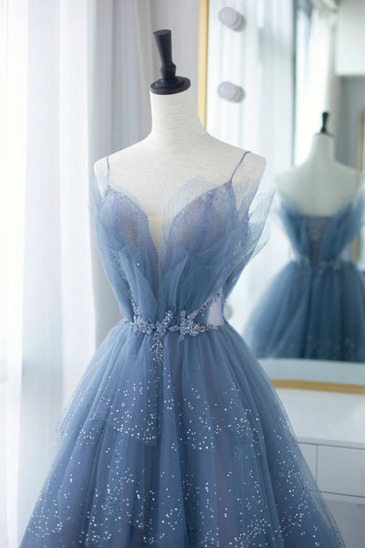 Blue Tulle Gorgeous V Neck Long Prom Dresses, Blue Tulle Formal Evening Dresses, Blue Ball Gown WT1702