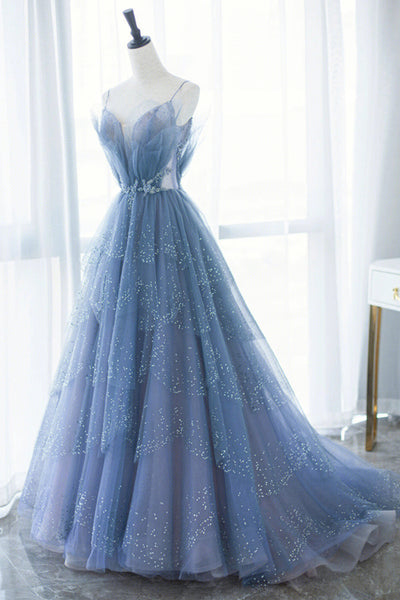 Blue Tulle Gorgeous V Neck Long Prom Dresses, Blue Tulle Formal Evening Dresses, Blue Ball Gown WT1702