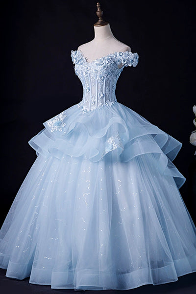Blue Tulle Off Shoulder Lace Floral Long Prom Dresses, Blue Lace Formal Evening Dresses, Blue Ball Gown WT1184