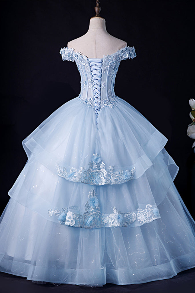 Blue Tulle Off Shoulder Lace Floral Long Prom Dresses, Blue Lace Forma ...