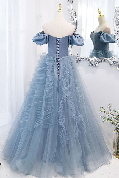Blue Tulle Off Shoulder Long Prom Dresses, V Neck Blue Formal Dresses, Blue Evening Dresses