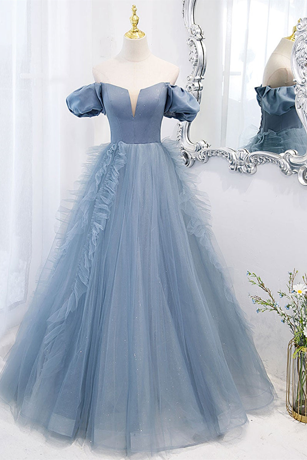 Blue Tulle Off Shoulder Long Prom Dresses, V Neck Blue Formal Dresses, Blue Evening Dresses