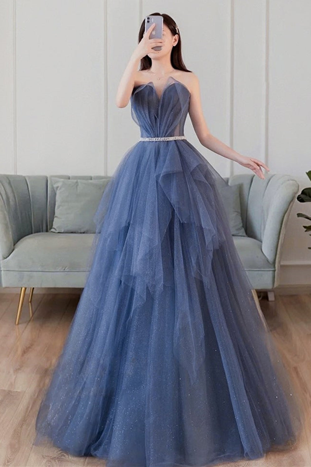 Blue Tulle Puffy Long Prom Dresses with Belt, Strapless Blue Formal Dresses, Blue Evening Dresses