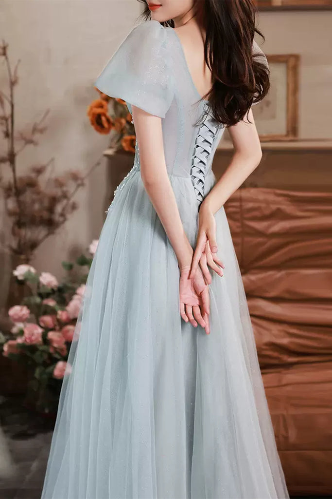 Blue Tulle Short Sleeves Beaded Long Prom Dresses, Beaded Blue Formal – Lwt  Dress