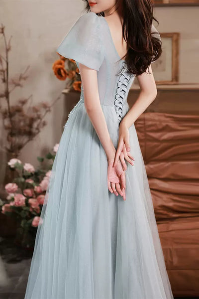 Blue Tulle Short Sleeves Beaded Long Prom Dresses, Beaded Blue Formal Graduation Evening Dresses WT1085