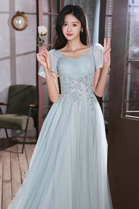Blue Tulle Short Sleeves Beaded Long Prom Dresses, Beaded Blue Formal Graduation Evening Dresses WT1085