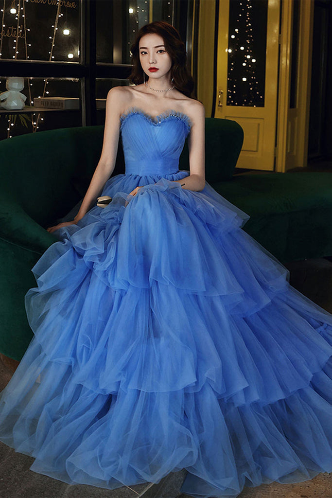 Blue Tulle Strapless Layered Long Prom Dresses, Strapless Blue Formal