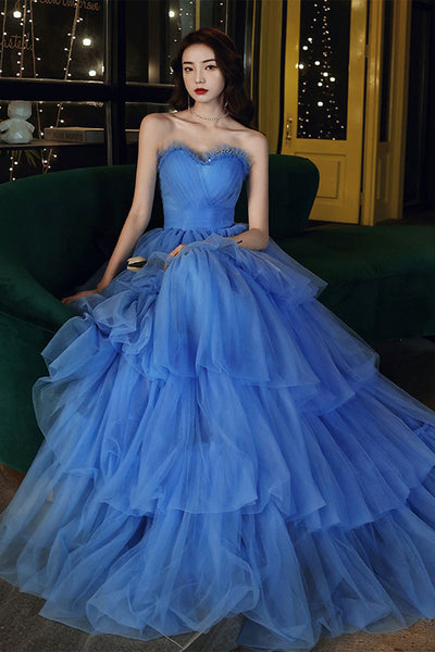 Blue Tulle Strapless Layered Long Prom Dresses, Strapless Blue Formal Evening Dresses, Blue Ball Gown WT1052
