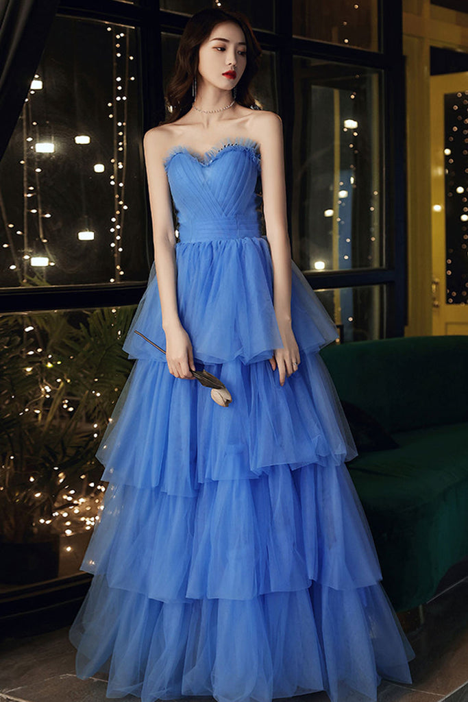 Blue Tulle Strapless Layered Long Prom Dresses, Strapless Blue Formal