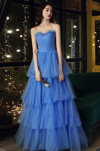 Blue Tulle Strapless Layered Long Prom Dresses, Strapless Blue Formal Evening Dresses, Blue Ball Gown WT1052