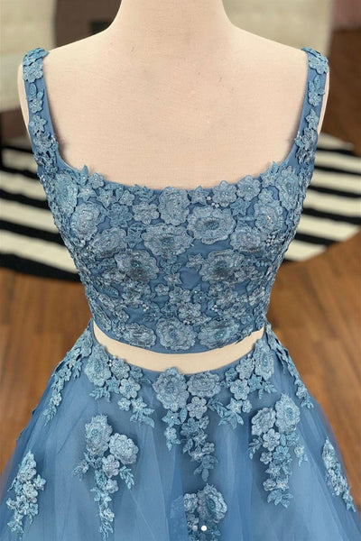 Blue Tulle Two Piece Lace Floral Long Prom Dresses, 2 Pieces Blue Formal Dresses, Blue Evening Dresses with Appliques