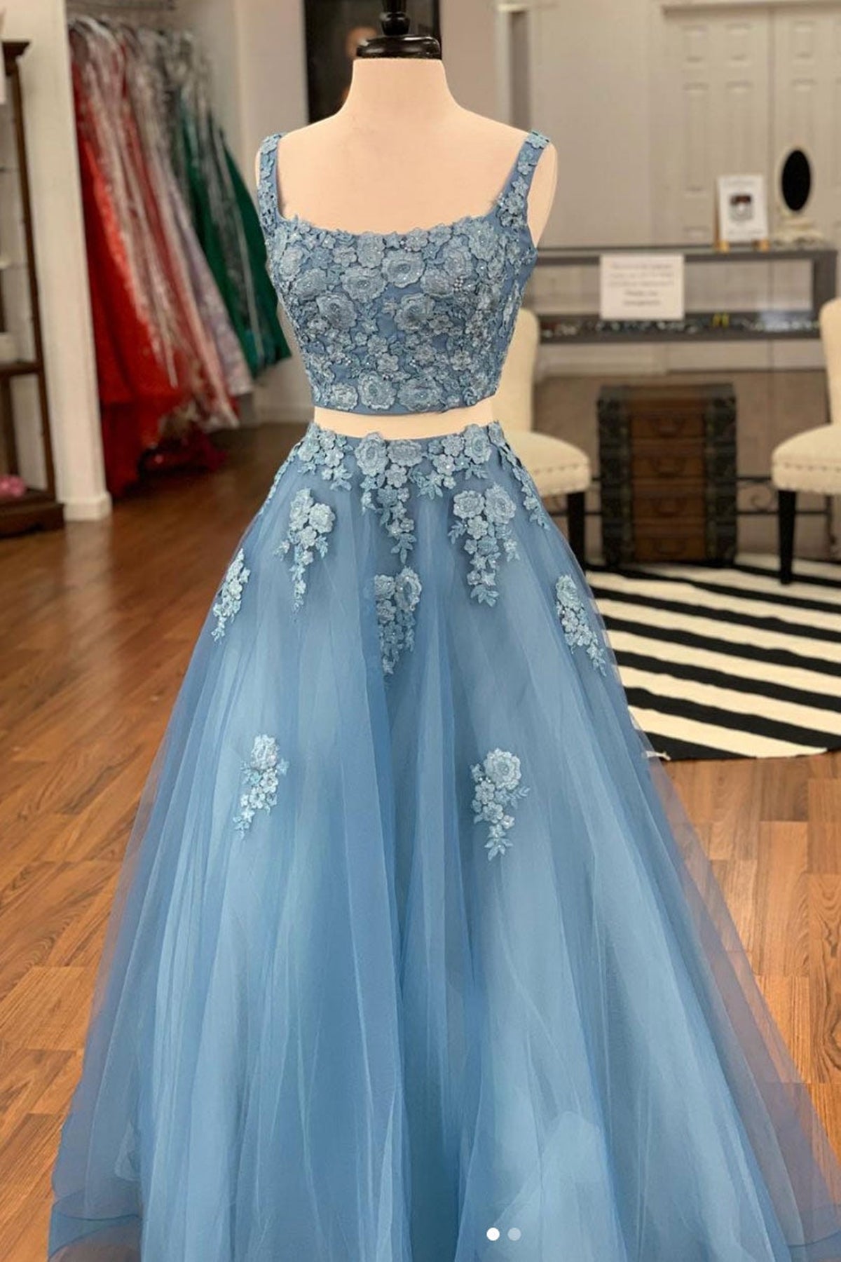 Blue Tulle Two Piece Lace Floral Long Prom Dresses, 2 Pieces Blue Formal Dresses, Blue Evening Dresses with Appliques