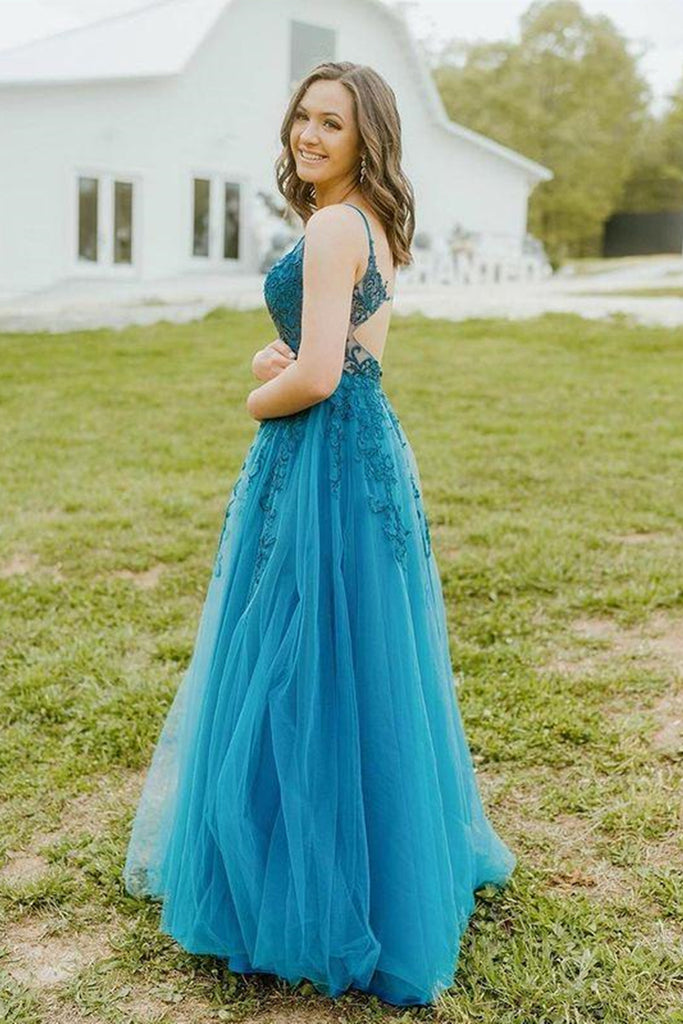 Blue Tulle V Neck Lace Long Prom Dresses, V Neck Blue Formal Dresses, Lwt Dress Blue Tulle V Neck Lace Long Prom Dresses, V Neck Blue Formal Dresses, Lwt Dress