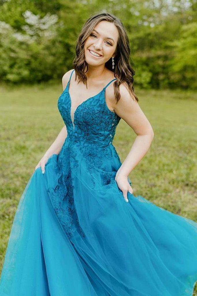 Blue Tulle V Neck Lace Long Prom Dresses, V Neck Blue Formal Dresses, Lwt Dress Blue Tulle V Neck Lace Long Prom Dresses, V Neck Blue Formal Dresses, Lwt Dress