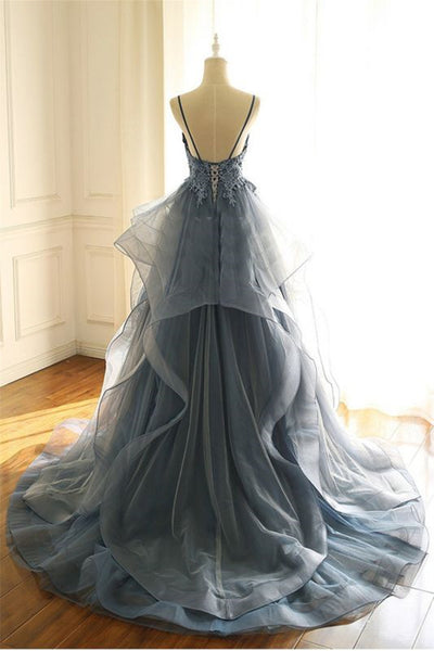 Blue Tulle V Neck Open Back Lace Long Prom Dresses, Blue Lace Formal Evening Dresses WT1061