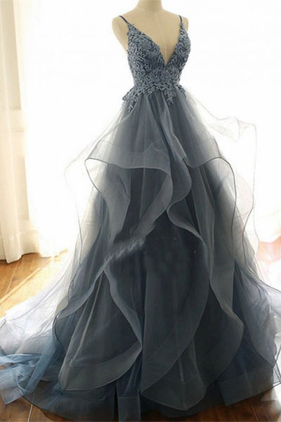 Blue Tulle V Neck Open Back Lace Long Prom Dresses, Blue Lace Formal Evening Dresses WT1061