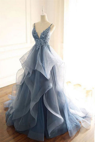 Blue Tulle V Neck Open Back Lace Long Prom Dresses, Blue Lace Formal Evening Dresses WT1061