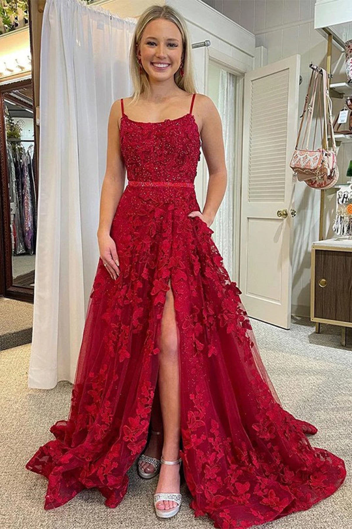 Burgundy Lace Open Back Beaded Long Prom Dresses with High Slit, Burgundy Lace Formal Evening Dresses WT1128