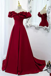 Burgundy Off the Shoulder Long Prom Dresses, Off Shoulder Formal Dresses, Burgundy Evening Dresses Long A1220