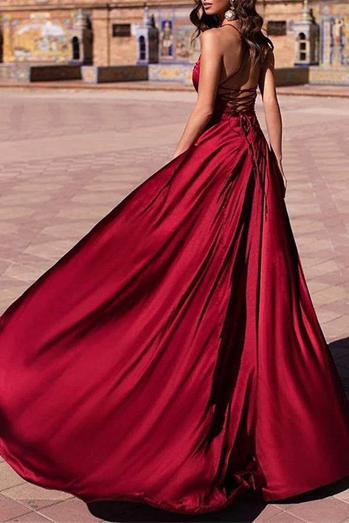 Burgundy Satin A Line V Neck Long Prom Dresses with Double Slit, V Nec Lwt Dress Burgundy Satin A Line V Neck Long Prom Dresses with Double Slit, V Nec Lwt Dress