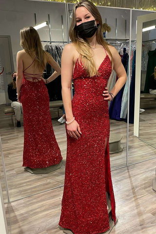 Burgundy Sequins V Neck Backless Mermaid Long Prom Dresses with High Slit, Mermaid Burgundy Formal Graduation Evening Dresses WT1111