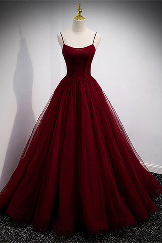 Burgundy Tulle A Line Long Prom Dresses, Long Wine Red Formal Graduation Evening Dresses WT1200