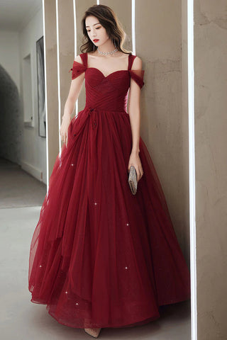 Burgundy Tulle Long Prom Dresses Off the Shoulder Burgundy Tulle Formal Graduation Evening Dresses