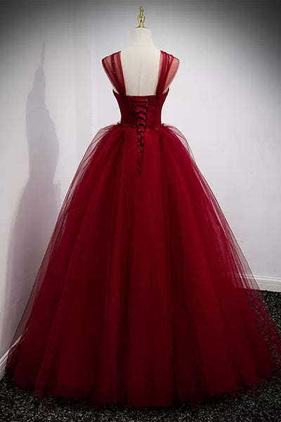 Burgundy Tulle Off the Shoulder Beaded Long Prom Dresses, Wine Red Formal Evening Dresses WT1215