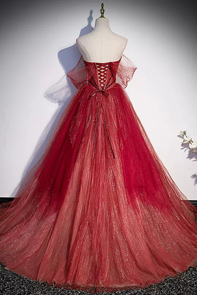 Burgundy Tulle Shiny Off the Shoulder Strapless Long Prom Dresses, Wine Red Formal Graduation Evening Dresses WT1204