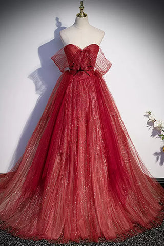 Burgundy Tulle Shiny Off the Shoulder Strapless Long Prom Dresses, Wine Red Formal Graduation Evening Dresses WT1204