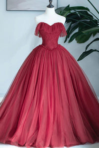 Burgundy Tulle Strapless Beaded Long Prom Dresses, Long Burgundy Formal Evening Dresses, Ball Gown WT1177