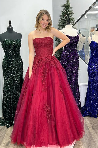 Burgundy Tulle Strapless Lace Long Prom Dresses, Burgundy Lace Formal Dresses, Burgundy Evening Dresses WT1134