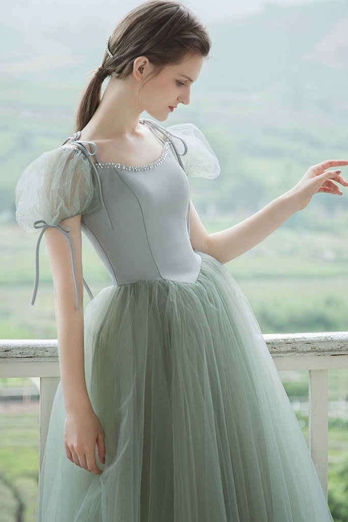 Cap Sleeves Green Tulle Long Prom Dresses, Long Green Tulle Formal Eve Lwt Dress Cap Sleeves Green Tulle Long Prom Dresses, Long Green Tulle Formal Eve Lwt Dress