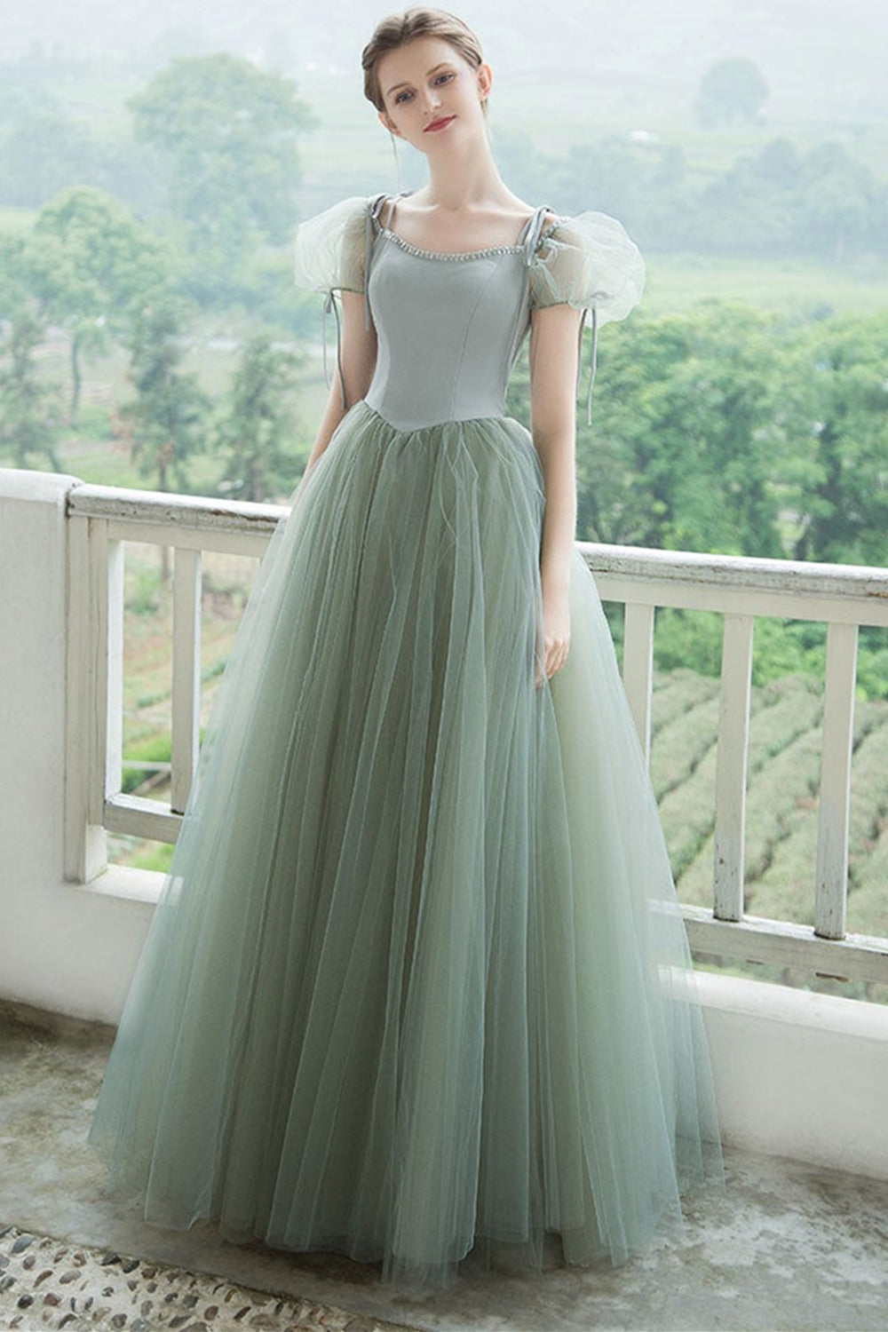 Cap Sleeves Green Tulle Long Prom Dresses, Long Green Tulle Formal Eve Lwt Dress Cap Sleeves Green Tulle Long Prom Dresses, Long Green Tulle Formal Eve Lwt Dress