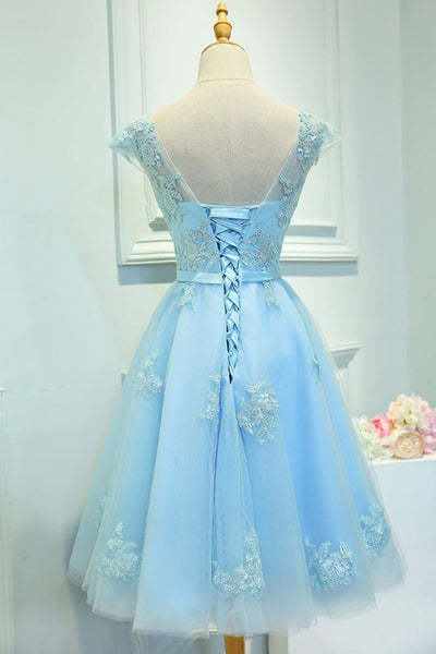 Cap Sleeves Light Blue Lace Short Prom Homecoming Dresses, Light Blue Lace Formal Dresses, Blue Evening Dresses