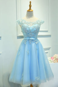 Cap Sleeves Light Blue Lace Short Prom Homecoming Dresses, Light Blue Lace Formal Dresses, Blue Evening Dresses