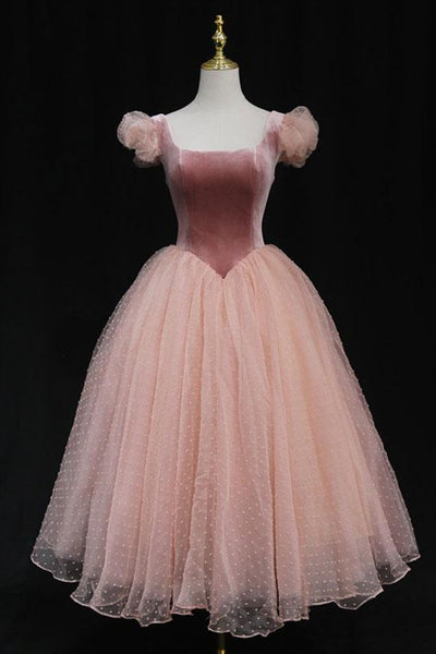 Cap Sleeves Pink Dot Short Prom Dresses, Short Pink Homecoming Dresses, Pink Formal Evening Dresses