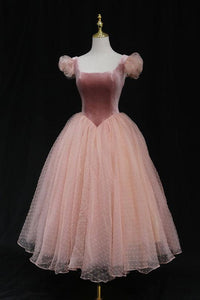Cap Sleeves Pink Dot Short Prom Dresses, Short Pink Homecoming Dresses, Pink Formal Evening Dresses