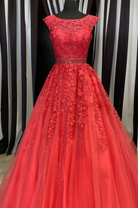 Cap Sleeves Red Tulle Lace Long Prom Dresses, Red Lace Formal Evening Dresses, Red Ball Gown