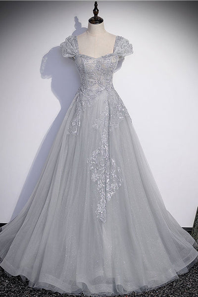 Cap Sleeves Shiny Gray Tulle Lace Long Prom Dresses, Gray Lace Formal Dresses, Gray Evening Dresses